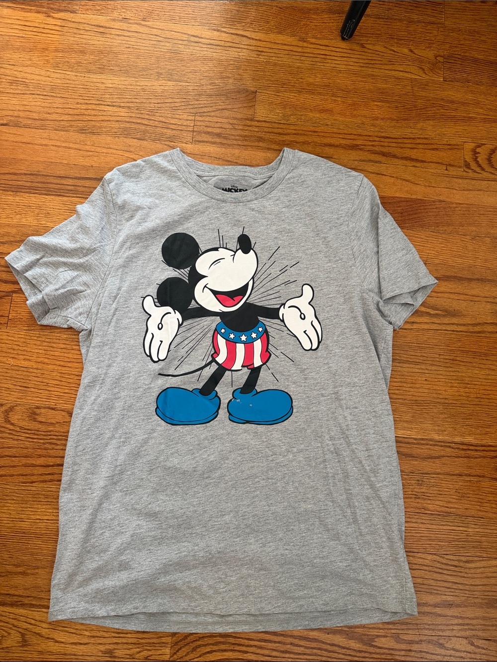 Disney Men's Grey Mickey Graphic Tee with Patriotic Red, White & Blue Accents